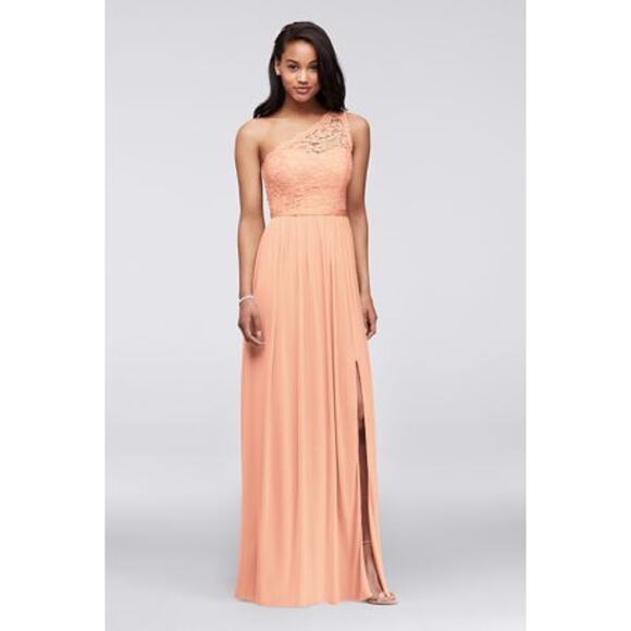 David's Bridal Pale Peach Size 4 Maxi One Shoulder Lace Dress F17063 Bellini - Picture 3 of 11